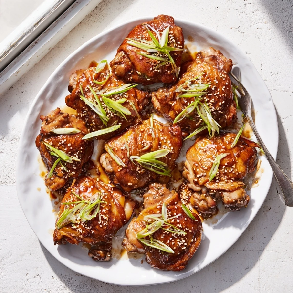 Japanese-style teriyaki chicken thighs served with steamed rice and glossy sweet soy glaze drizzled on top.