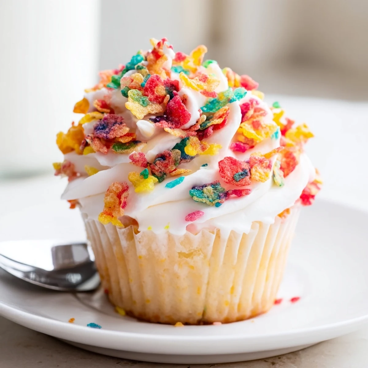 Creamy Fruity Pebbles Cereal Frosting spread on cake, bright speckled garnish