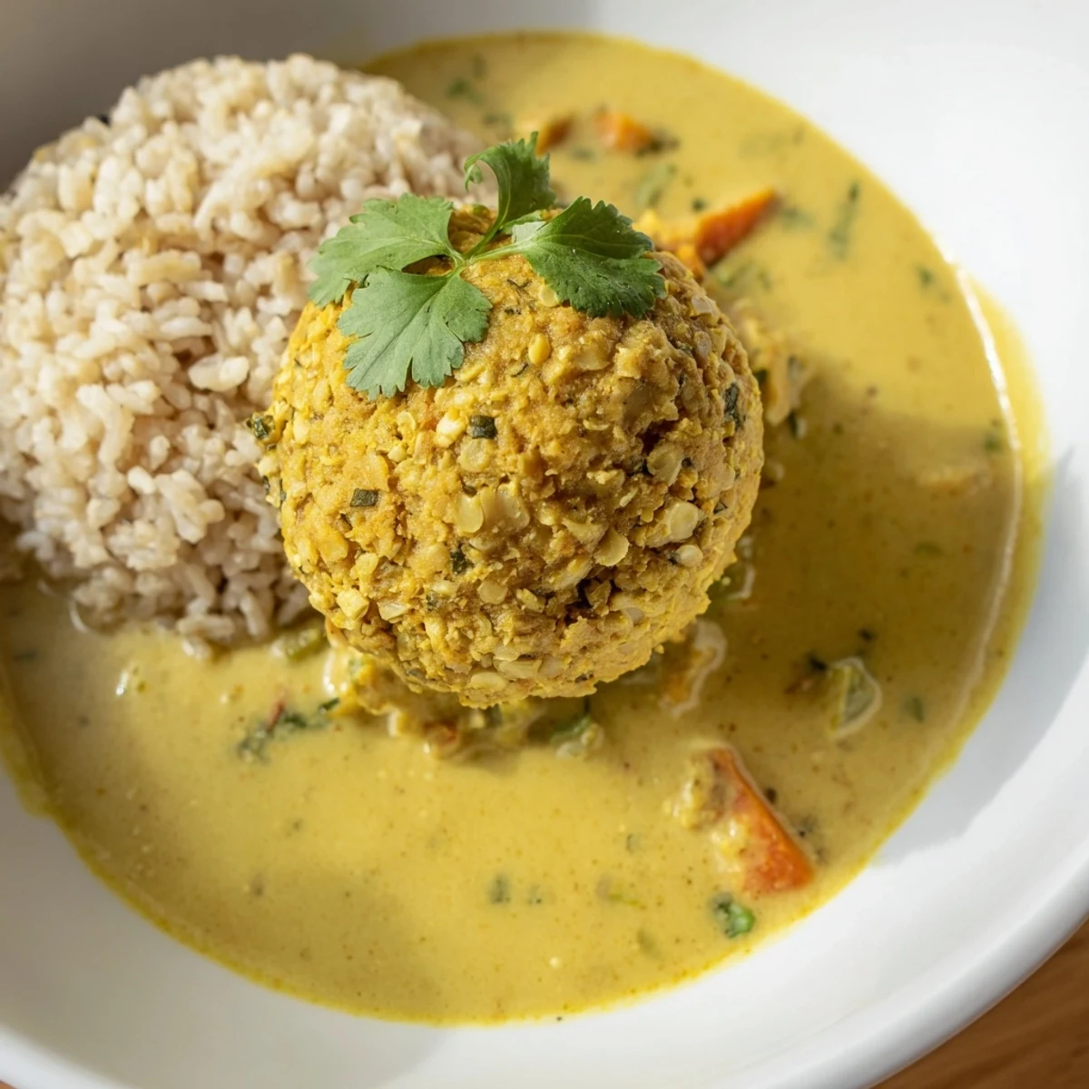Creamy, aromatic Carrot And Chickpea Balls In Coconut Curry Sauce, spooned over rice
