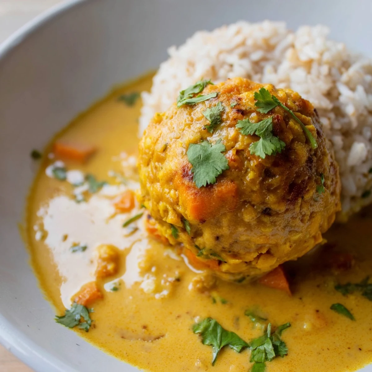 Golden-browned Carrot And Chickpea Balls In Coconut Curry Sauce, garnished with cilantro