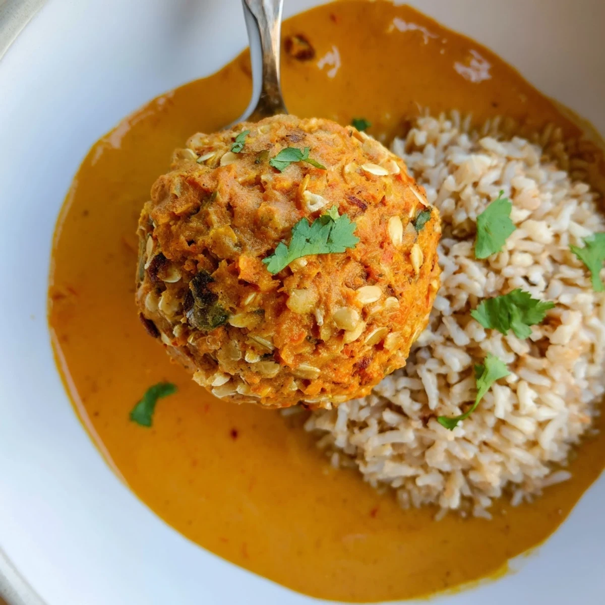 Warm, spiced Carrot And Chickpea Balls In Coconut Curry Sauce on warm naan