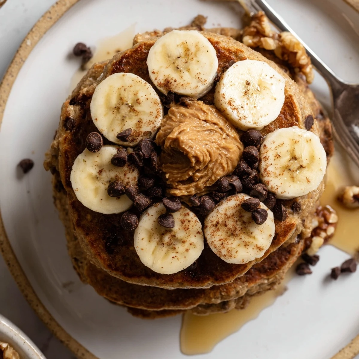 Warm Protein Banana Pancakes on skillet, golden edges, ready to flip