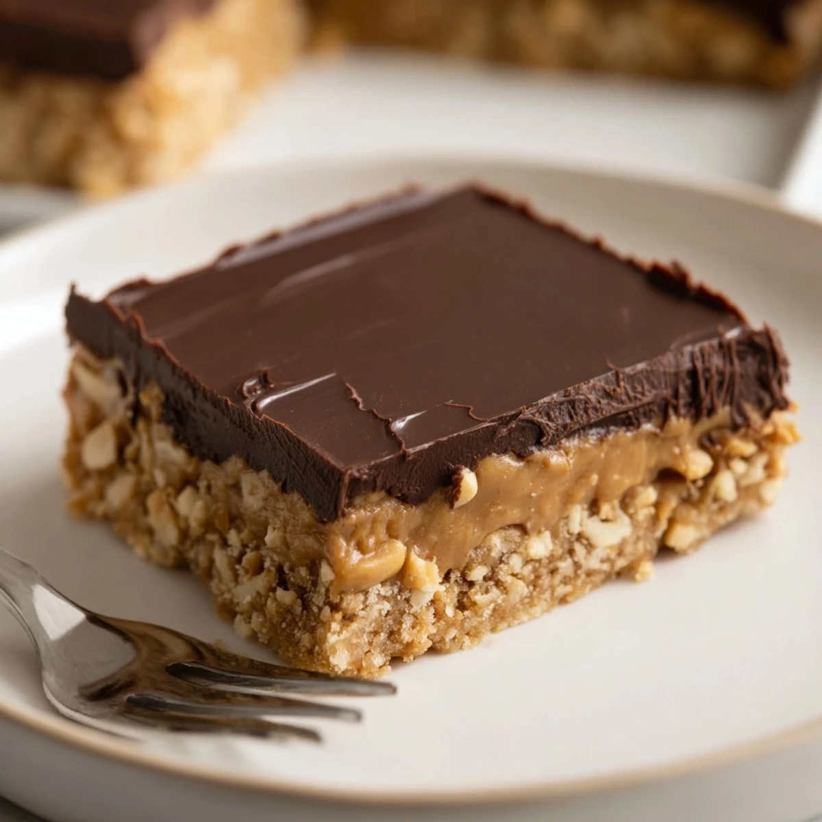 Peanut Butter Bars with glossy chocolate topping, chilled squares on parchment