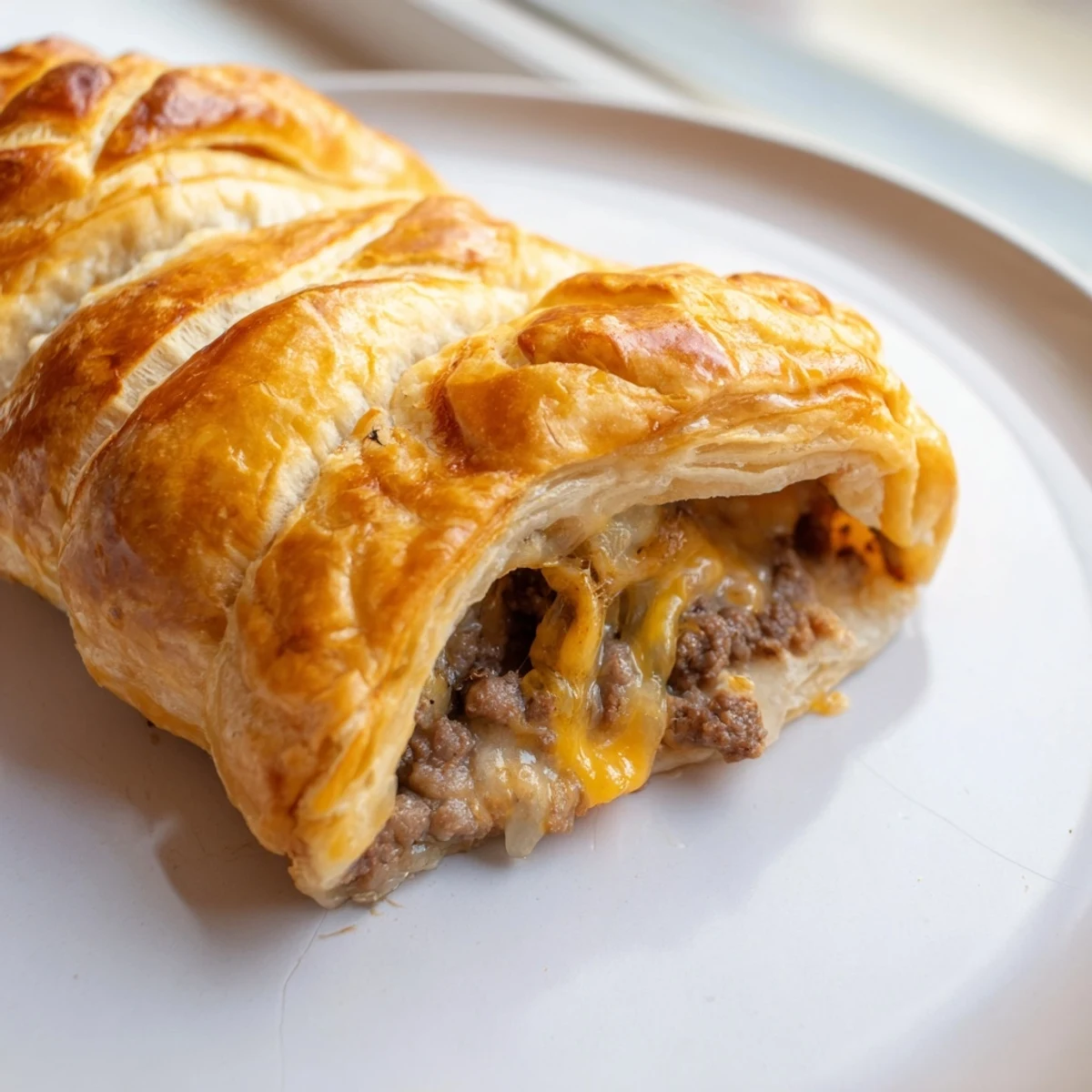 Golden flaky Greggs inspired steak and cheese roll fresh from the oven