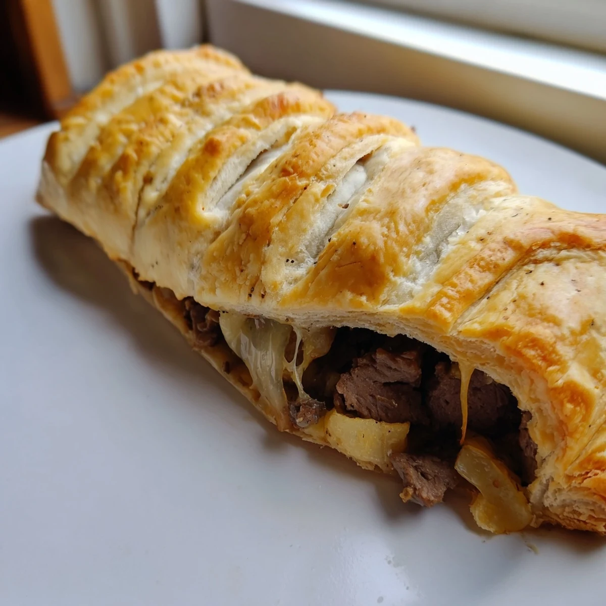 Greggs inspired steak and cheese roll with melted cheddar oozing from crispy puff pastry