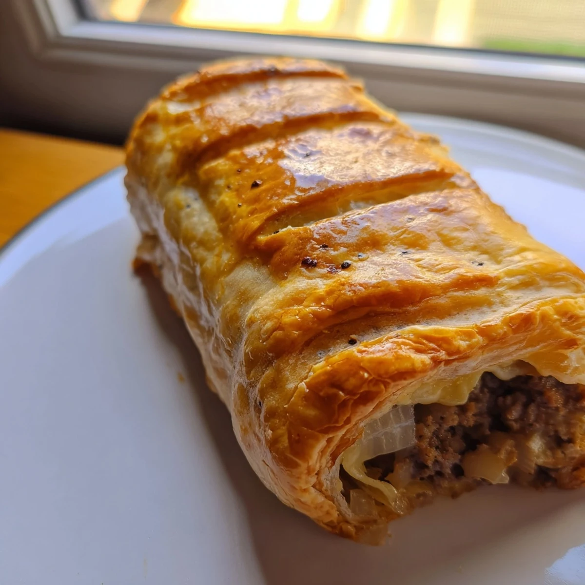 Steaming Greggs inspired steak and cheese roll served on parchment with a golden brown crust