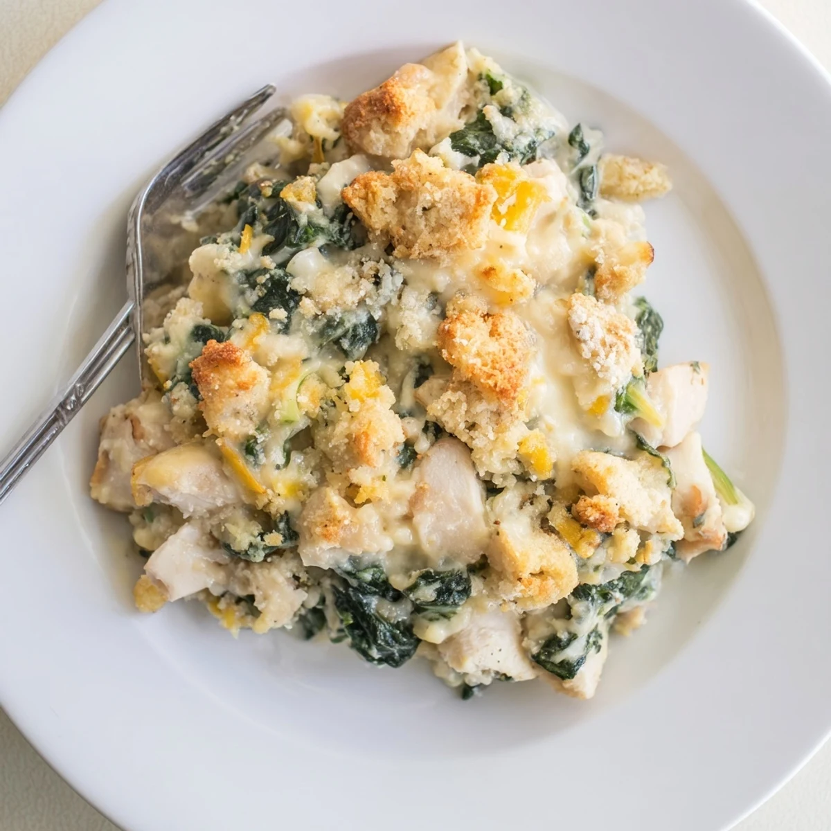 Golden bubbling creamy chicken spinach casserole fresh from the oven with melted cheese