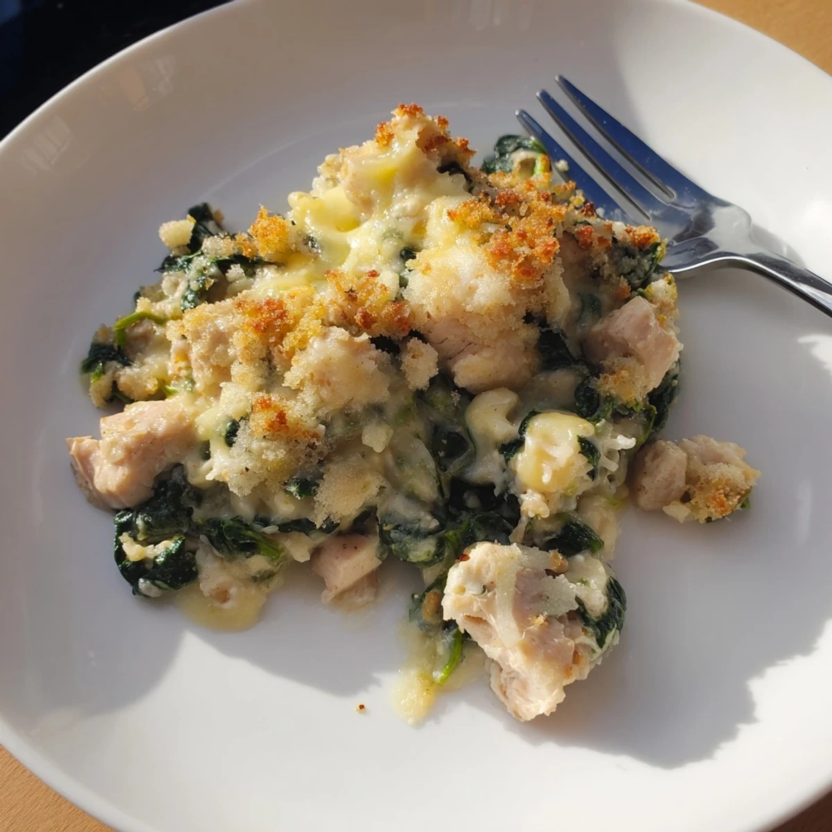 Creamy chicken spinach casserole spooned onto a plate revealing tender chicken and velvety sauce