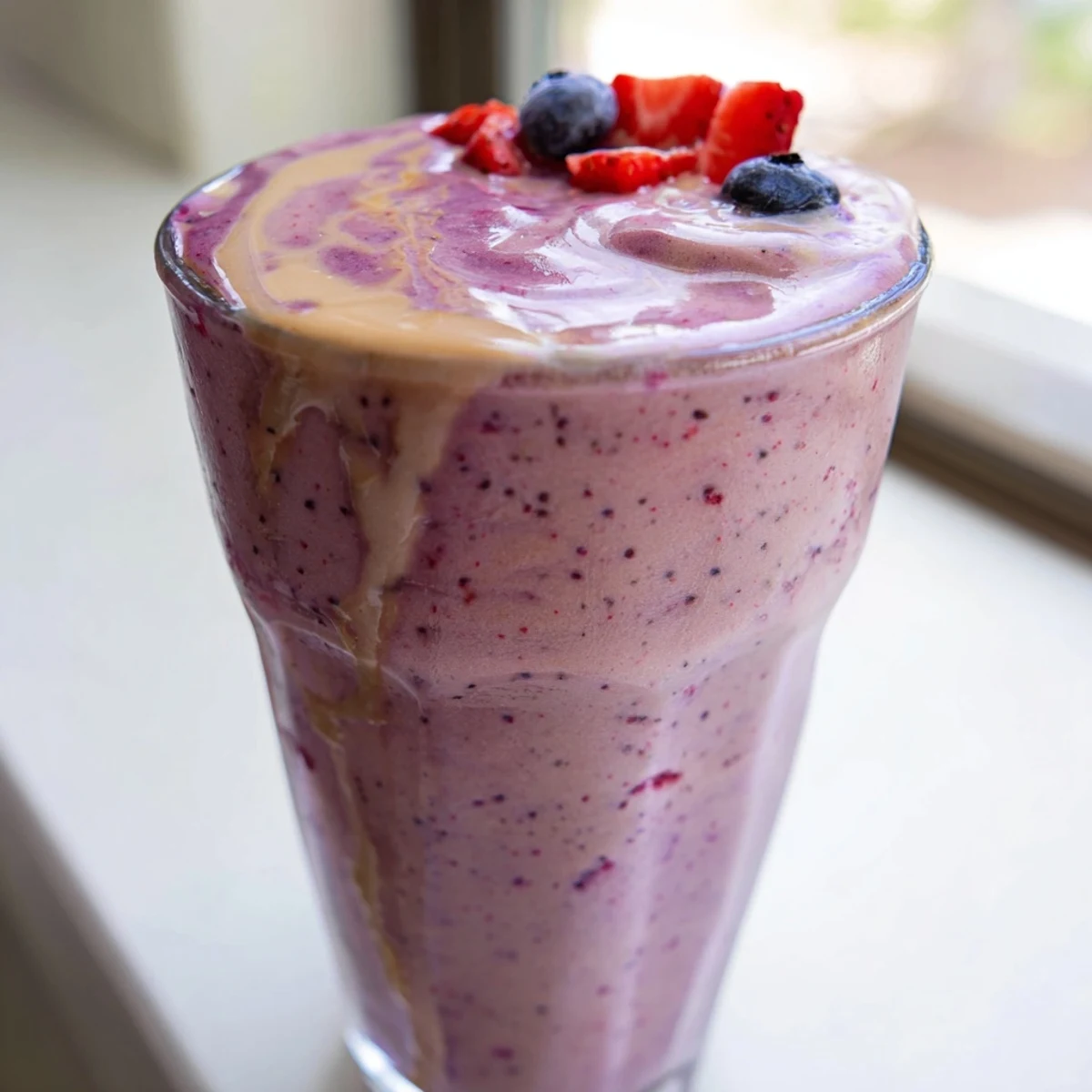 Thick purple peanut butter berry smoothie topped with fresh strawberries in a glass