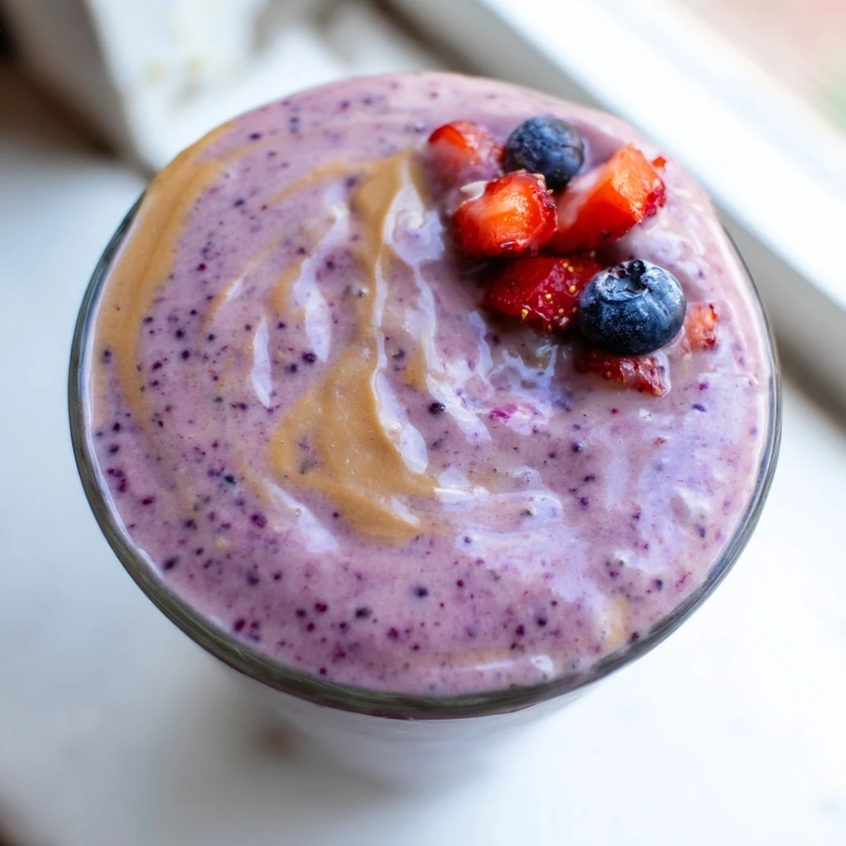 Creamy peanut butter berry smoothie poured into two mason jars with whole berries beside them