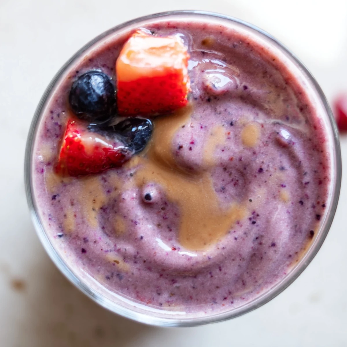 Vibrant pink peanut butter berry smoothie swirled with peanut butter drizzle and served chilled