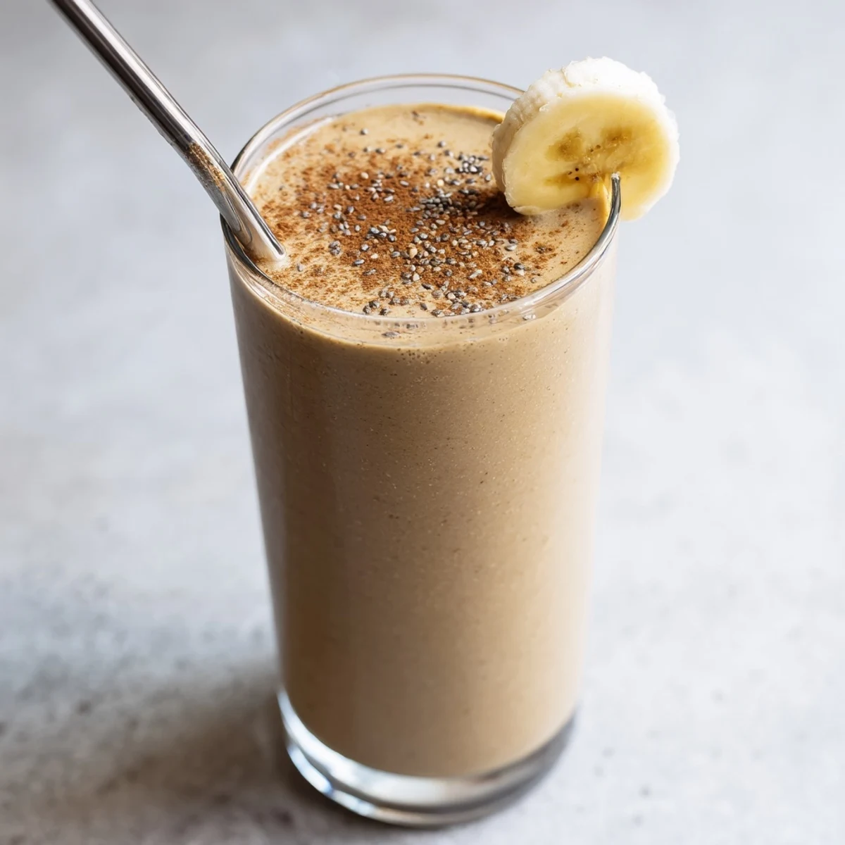 Thick frosty banana protein coffee smoothie poured into a glass with cinnamon
