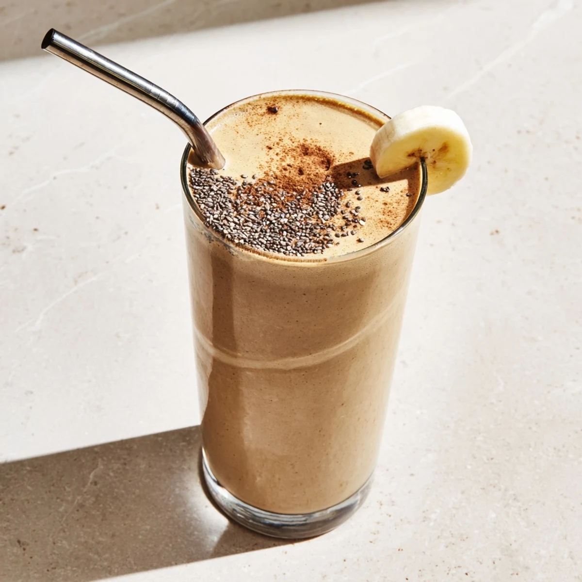 Creamy banana protein coffee smoothie topped with chia seeds in a tall glass