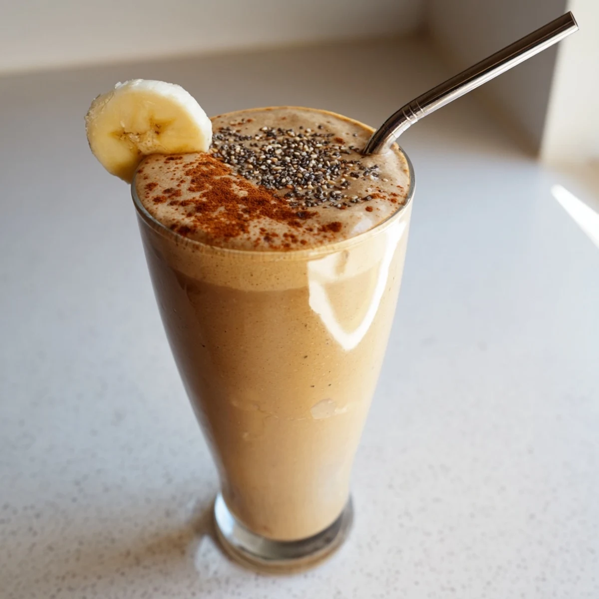 Rich banana protein coffee smoothie blended smooth beside a spoon on a napkin