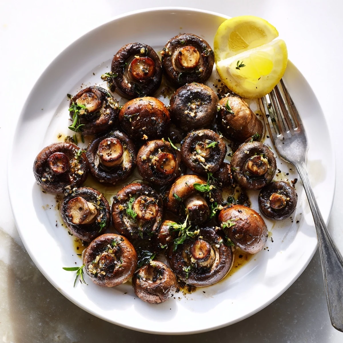 Golden sautéed grilled garlic mushrooms glistening with butter and fresh parsley on a rustic plate
