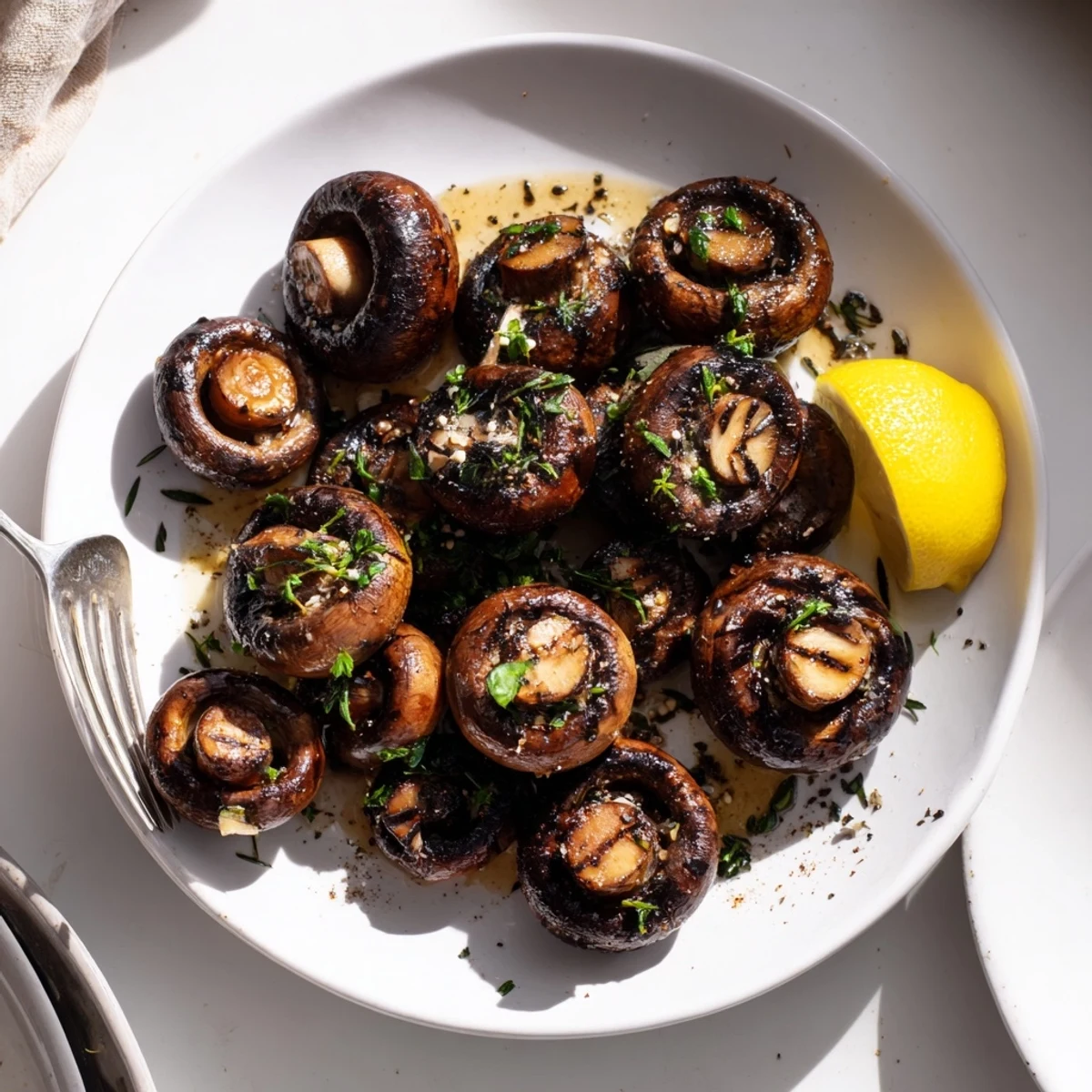 Smoky grilled garlic mushrooms sizzling in a buttery herb-infused skillet ready for serving