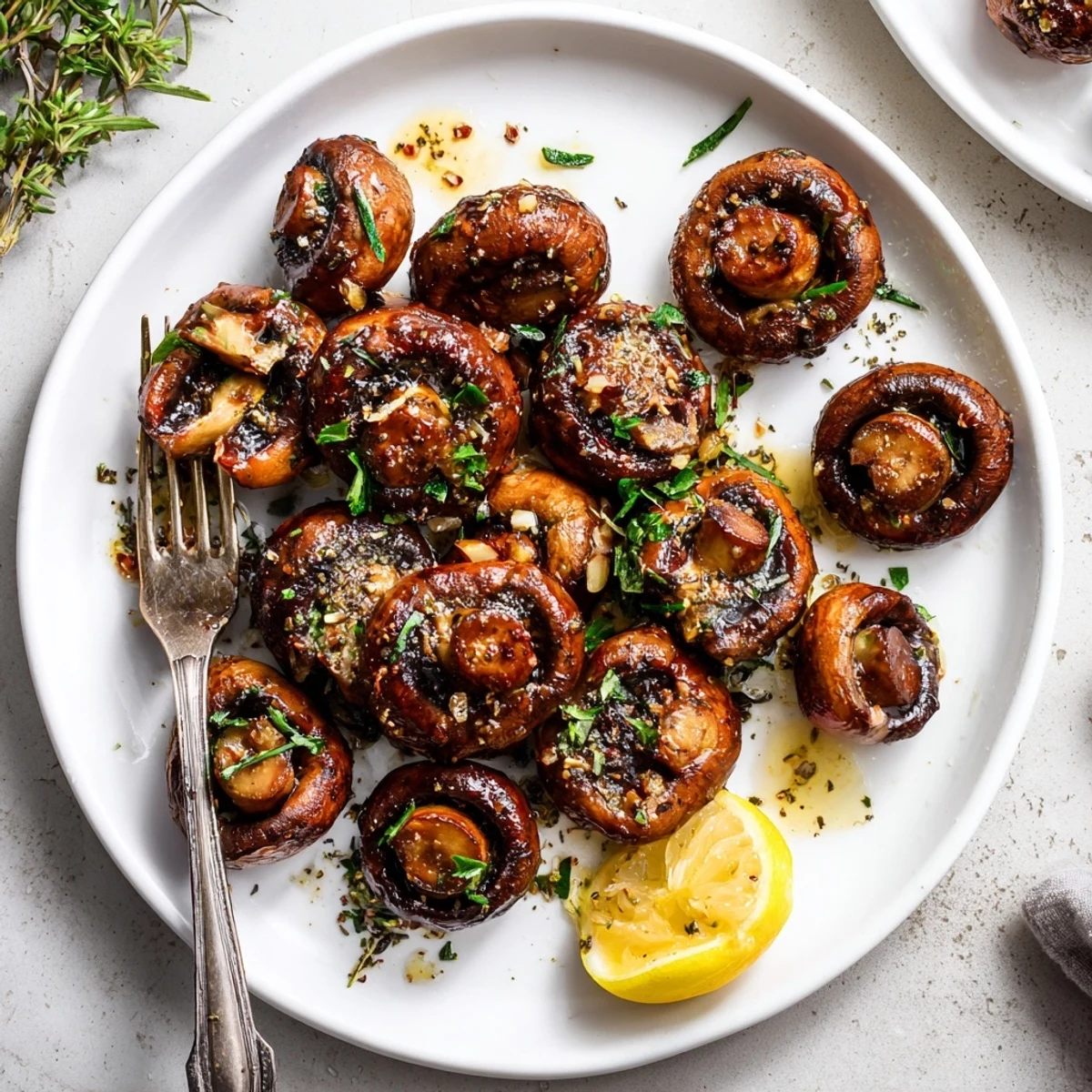 Tender charred mushrooms coated in a glossy garlic butter sauce sprinkled with chopped fresh parsley