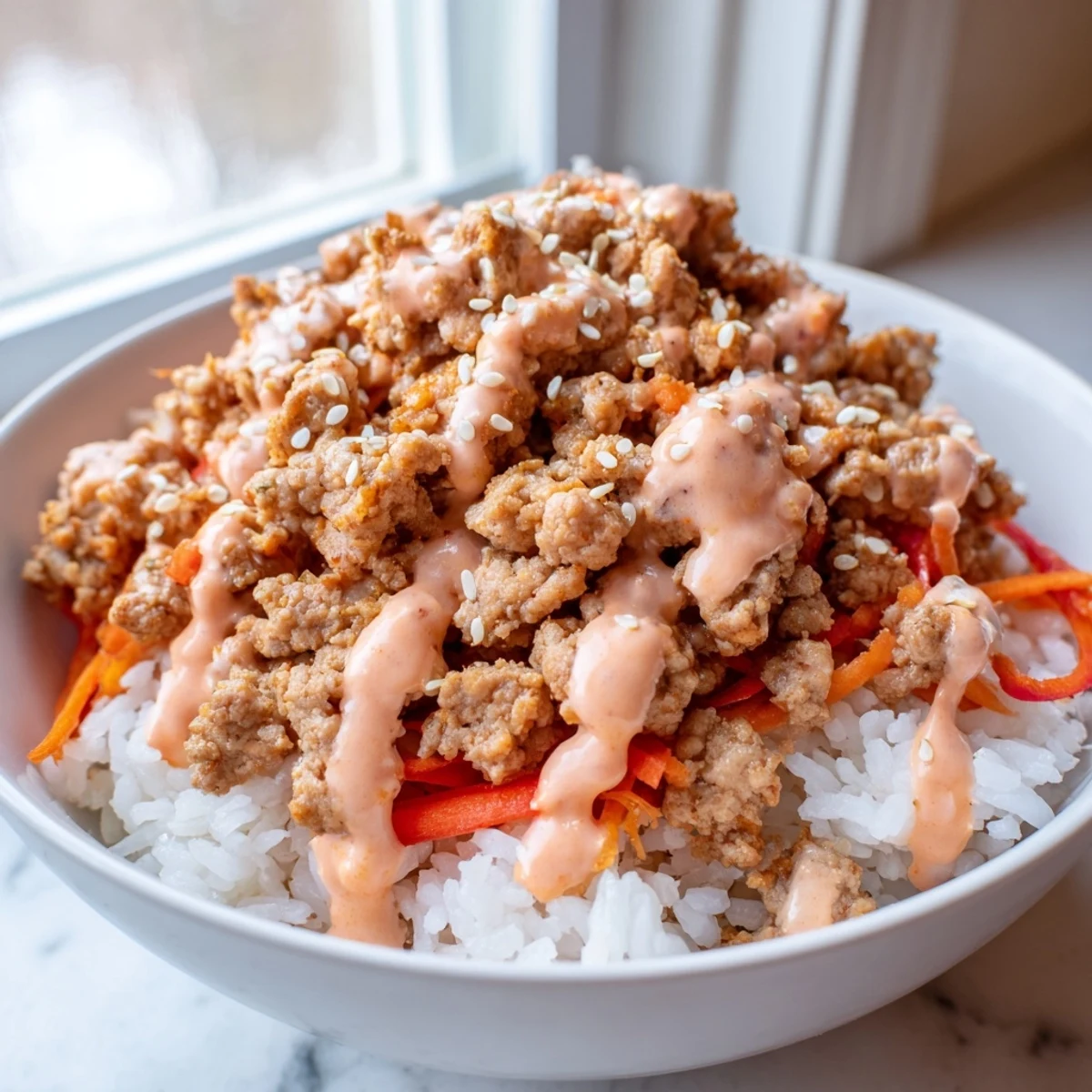 Seasoned ground turkey piled over fluffy rice with crunchy veggies and spicy bang bang sauce
