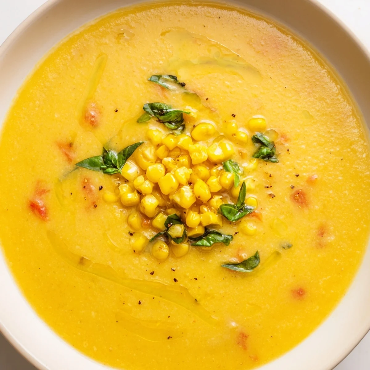 Golden Summer Sweet Corn Gazpacho topped with fresh basil and olive oil drizzle