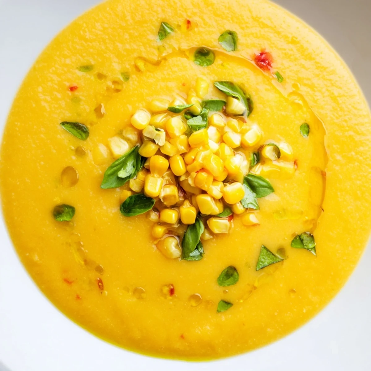 Creamy chilled Summer Sweet Corn Gazpacho served in a rustic white ceramic bowl