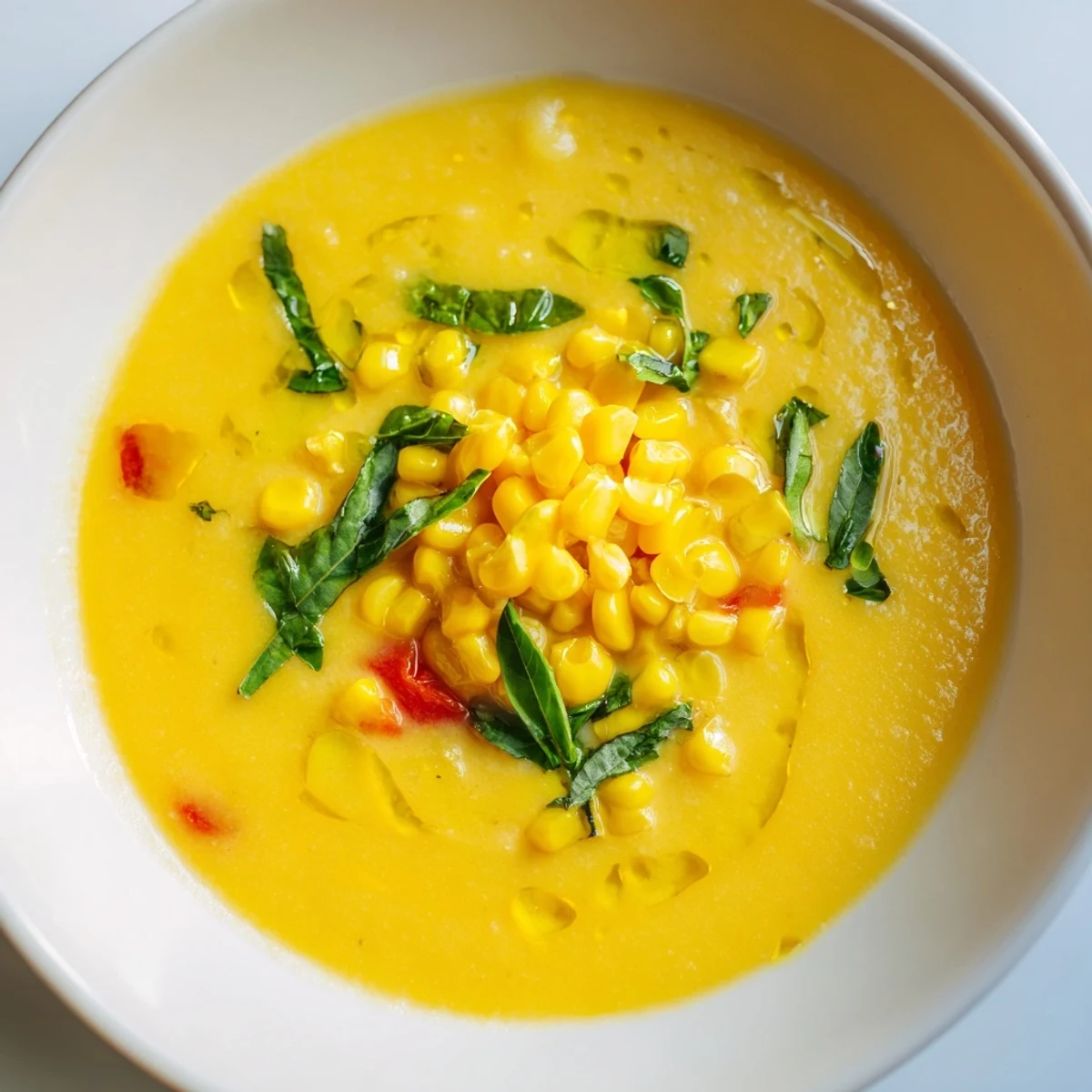Bright yellow Summer Sweet Corn Gazpacho garnished with crunchy kernels and snipped chives