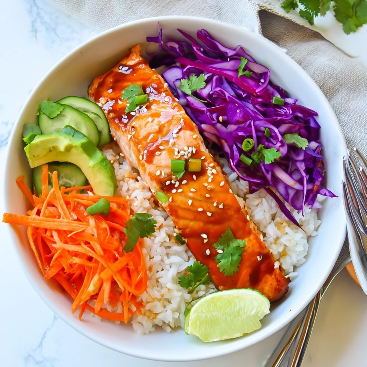 Glistening Sriracha Honey Glazed Salmon Bowls with vibrant vegetables over steamed jasmine rice