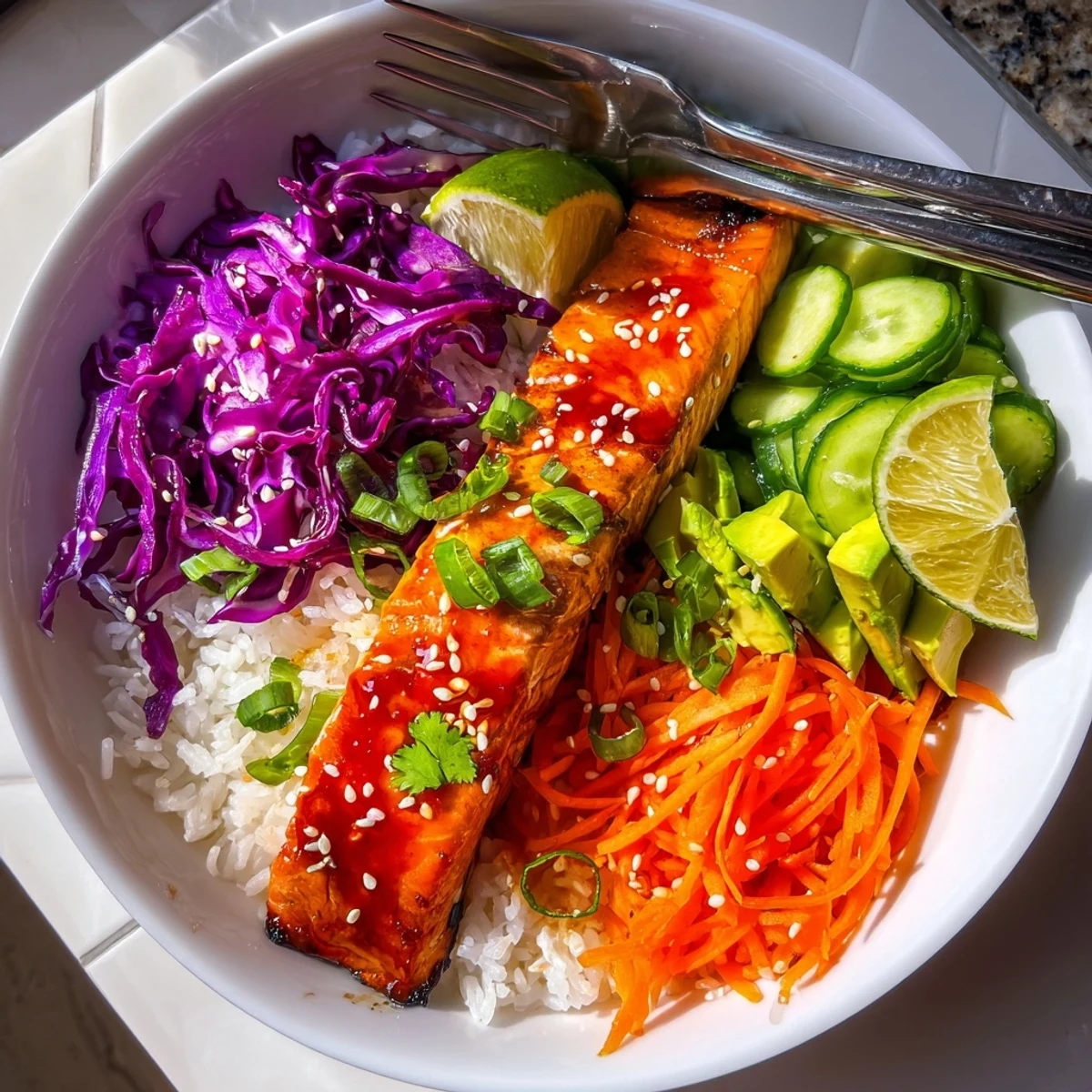 Tender sriracha honey glazed salmon fillets nestled atop crisp shredded cabbage and fluffy rice