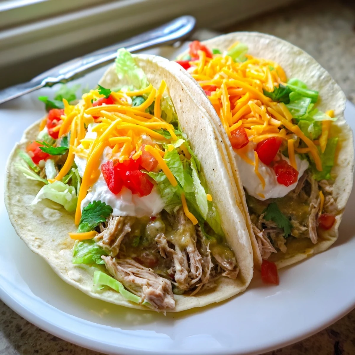 Juicy slow cooker ranch chicken tacos topped with melted cheddar and fresh cilantro