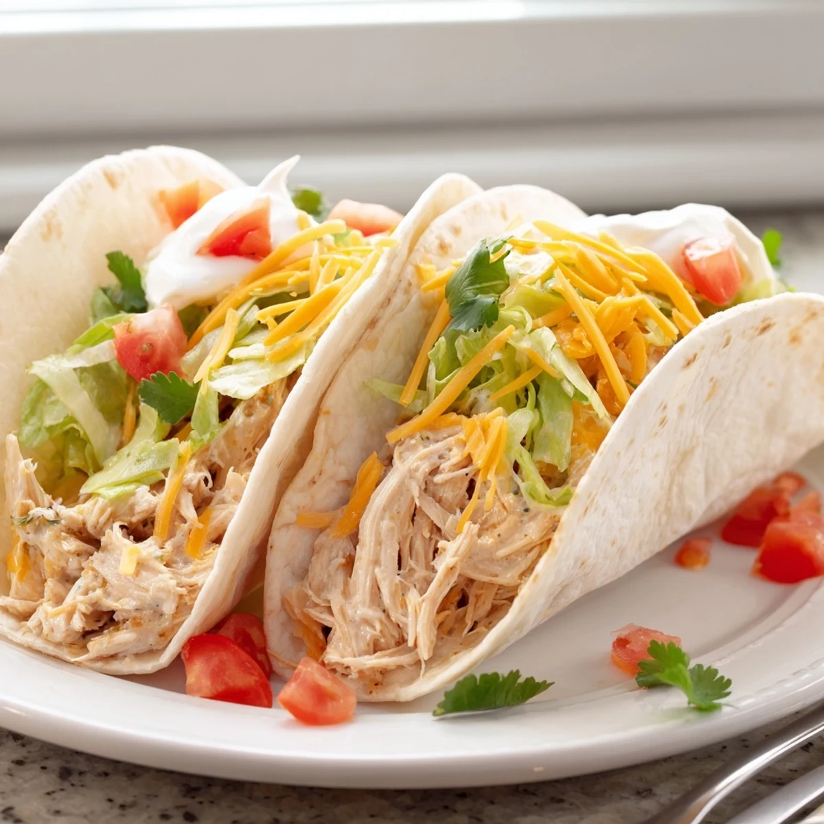 Tender shredded slow cooker ranch chicken tacos loaded with sour cream and lettuce