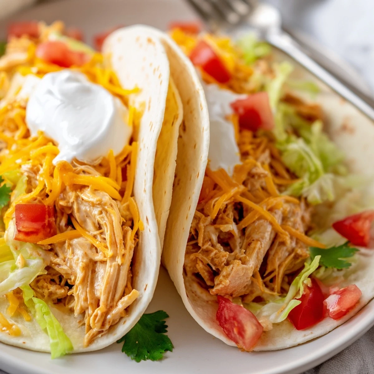 Warm slow cooker ranch chicken tacos in crispy shells with diced tomatoes and cheese