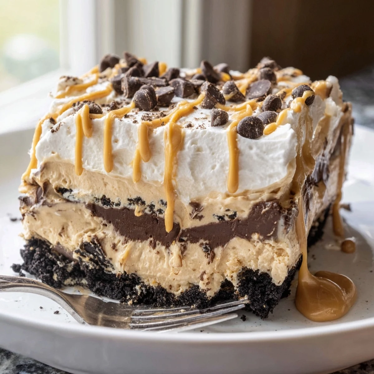 Creamy peanut butter layered delight with rich chocolate pudding and whipped topping