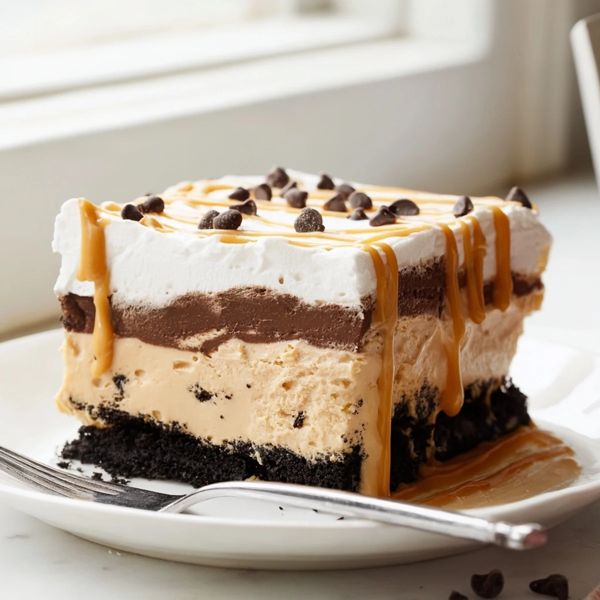 Peanut butter layered delight topped with melted drizzle and mini chocolate chips