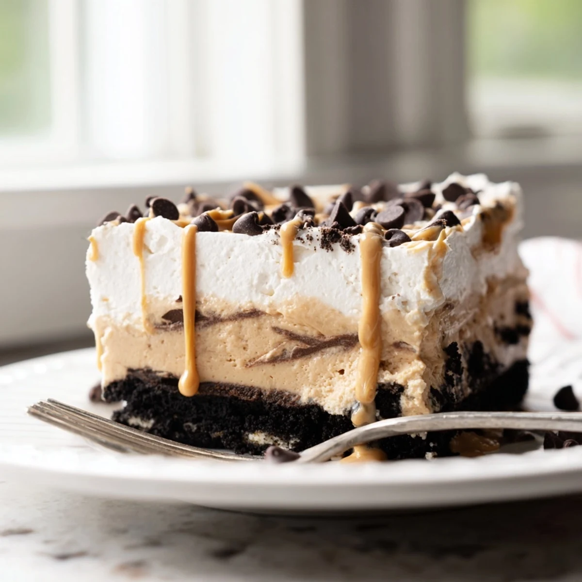Peanut butter layered delight sliced into neat squares showing three distinct luscious layers