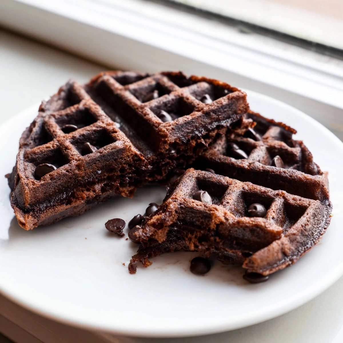 Crisp-edged fudgy brownie waffles with melted chocolate chips on a plate