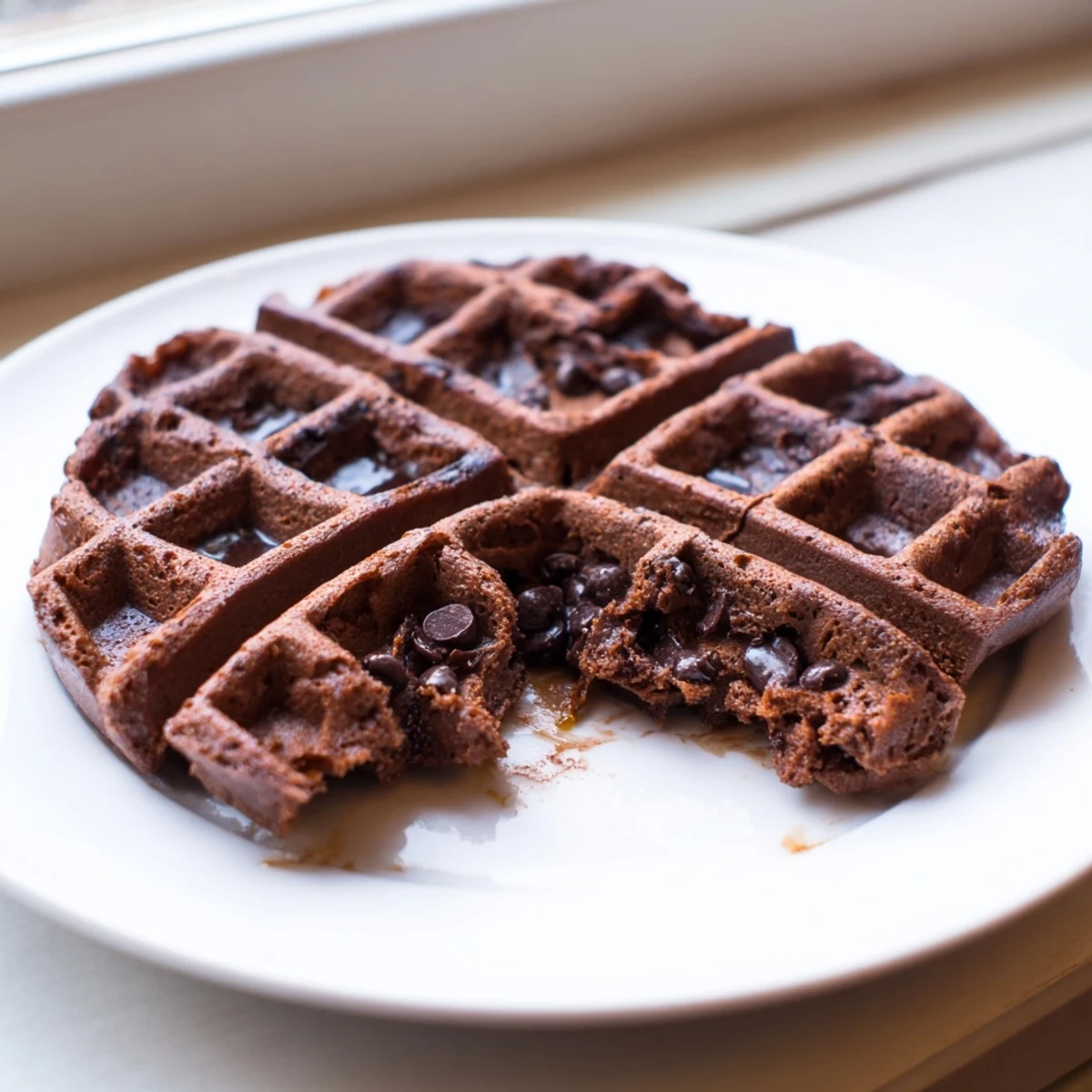 Thick fudgy brownie waffles fresh off the iron dusted with powdered sugar