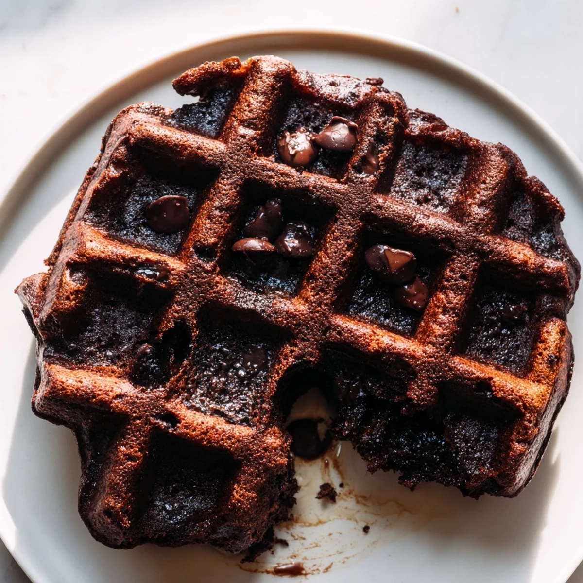 Warm fudgy brownie waffles drizzled with syrup beside fresh berries