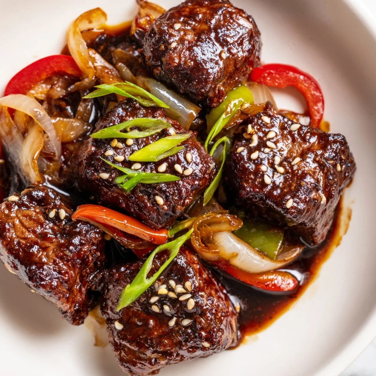 Tender Asian-inspired cube steak glistening with soy glaze and sautéed bell peppers