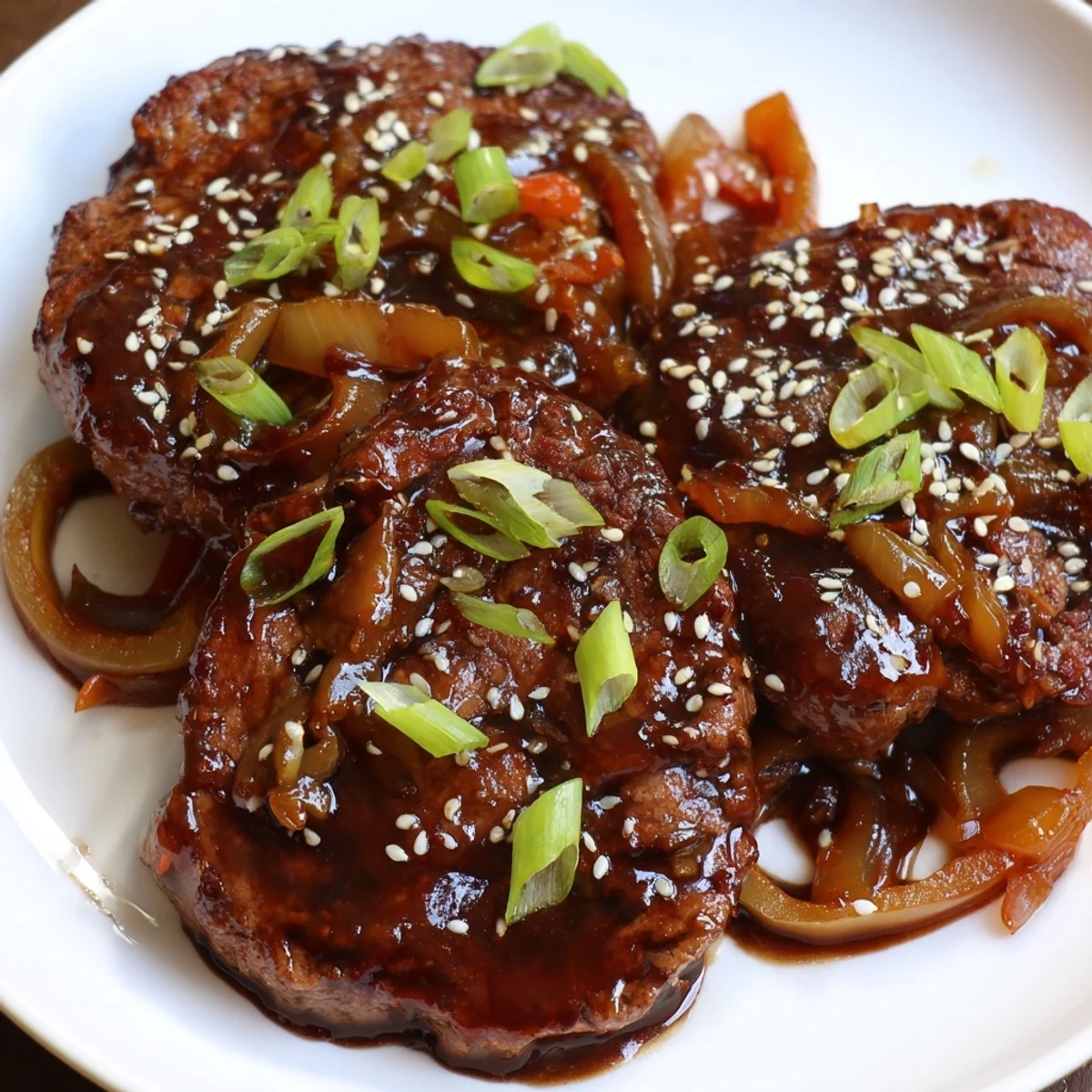 Savory Asian-inspired cube steak topped with sesame seeds and sliced green onions