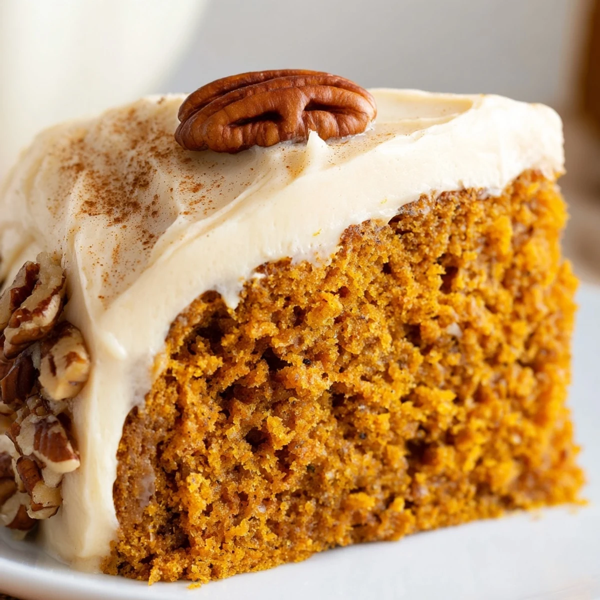 Warm spiced pumpkin pecan cake topped with fluffy cinnamon cream cheese frosting and toasted pecans.