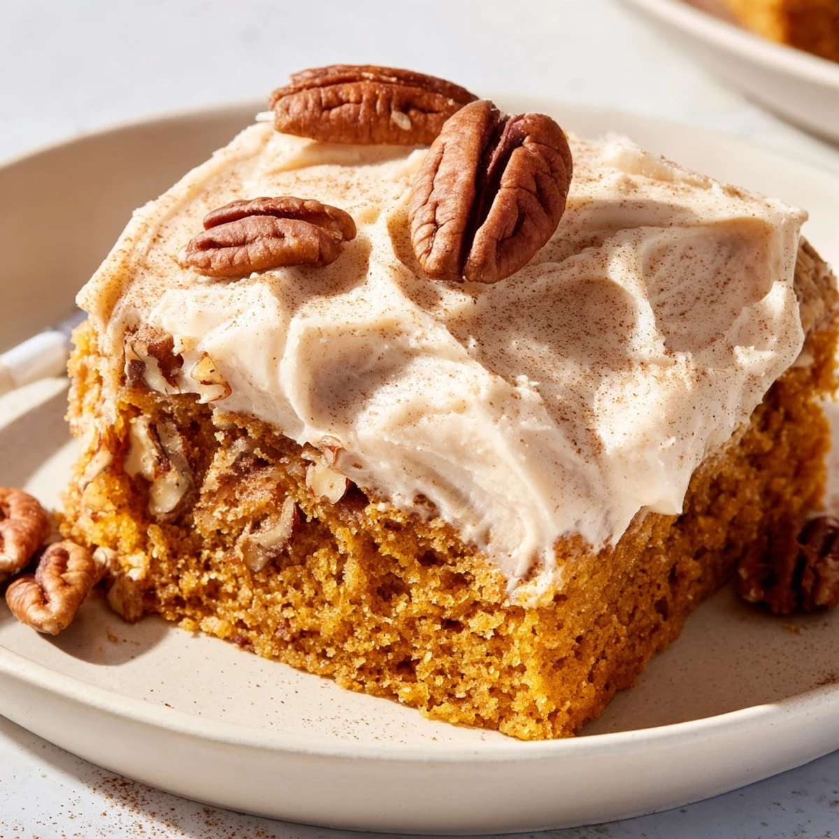 Slices of pumpkin pecan cake with swirled cinnamon cream cheese icing on a rustic plate.