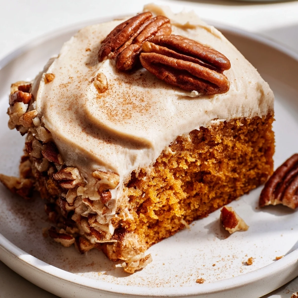 Thick slice of moist pumpkin pecan cake layered with sweet cinnamon cream cheese icing served fresh.