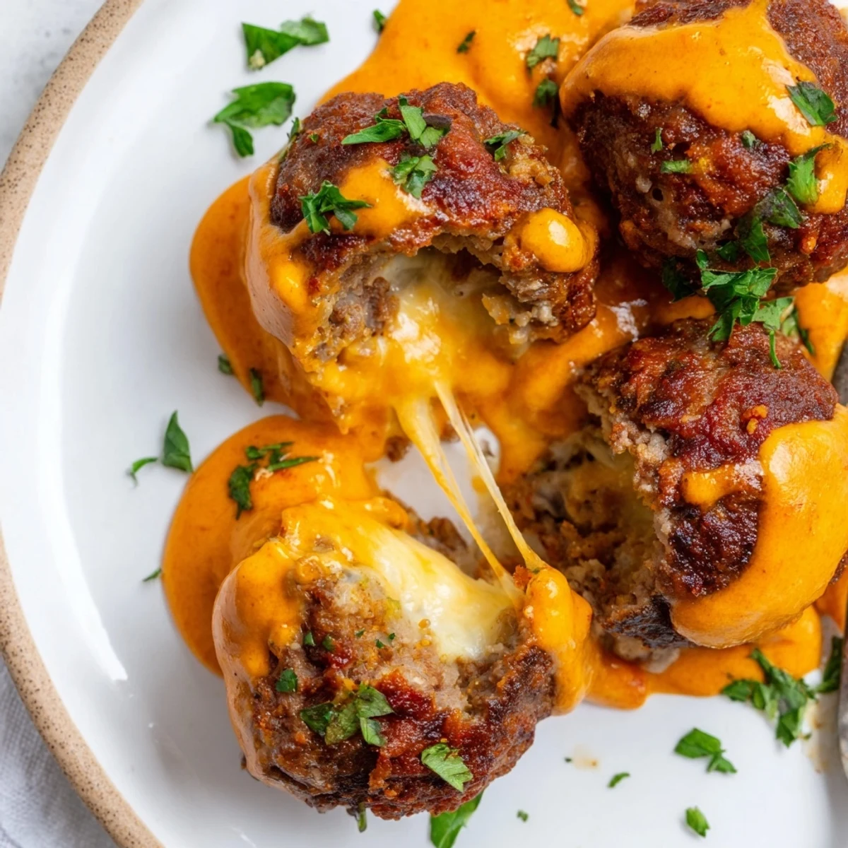 Cheese Stuffed Meatballs smothered in spicy cheese sauce on a rustic plate