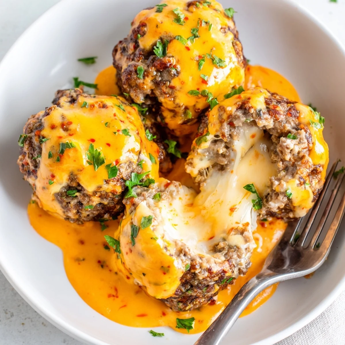 Golden baked Cheese Stuffed Meatballs oozing melted mozzarella under creamy pepper jack sauce