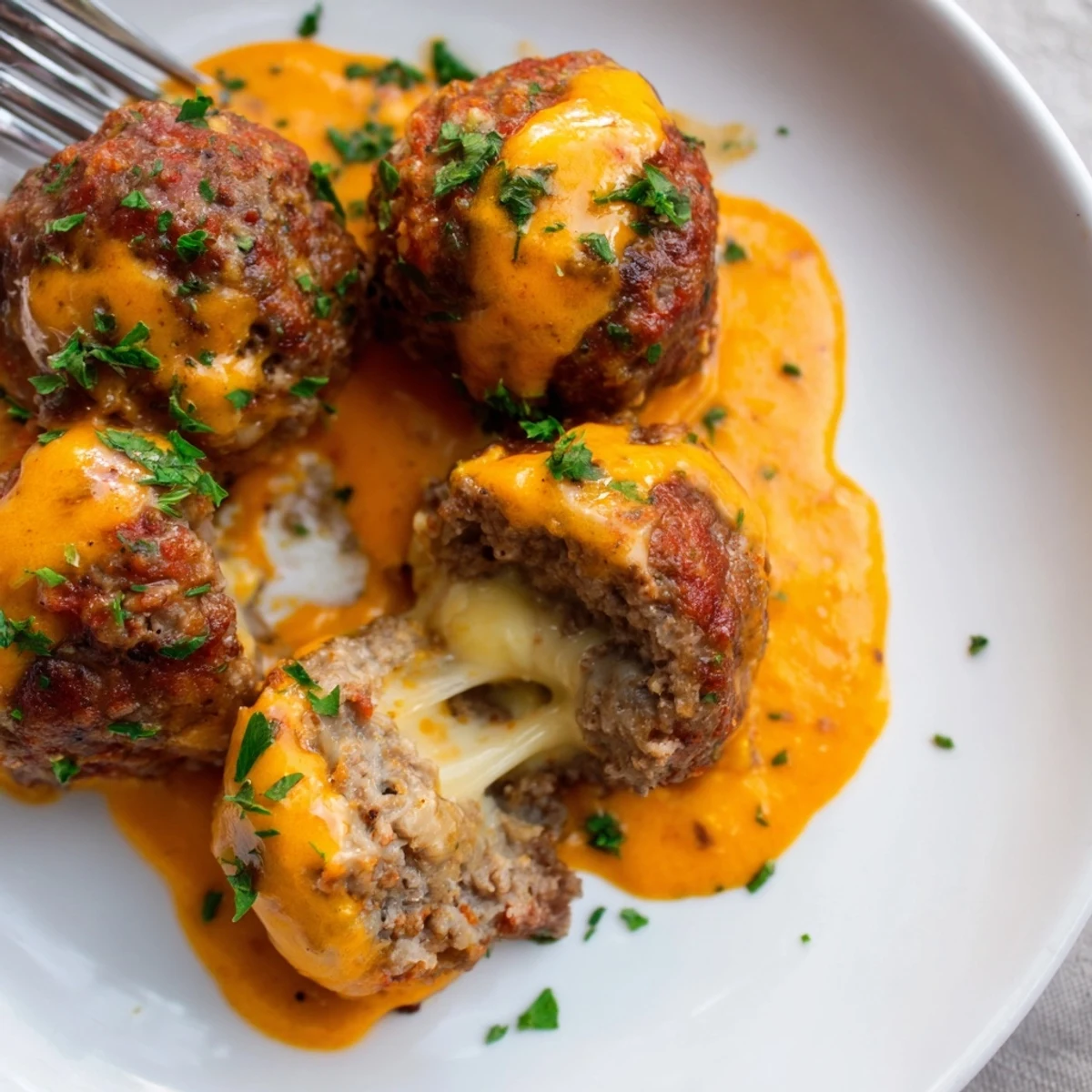 Cheese Stuffed Meatballs nestled in a cast iron skillet with bold spicy cheese drizzle