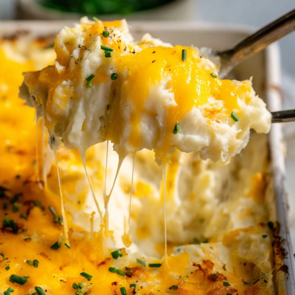 Cheesy Onion Mashed Potato Casserole with bubbling golden cheddar and caramelized onions in a baking dish