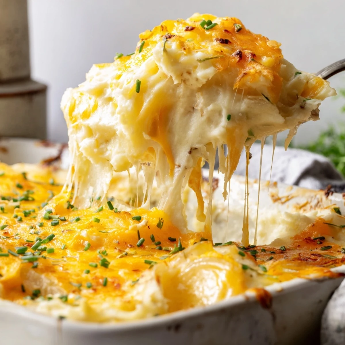 Spoonful of warm Cheesy Onion Mashed Potato Casserole showing smooth fluffy potatoes and gooey cheese