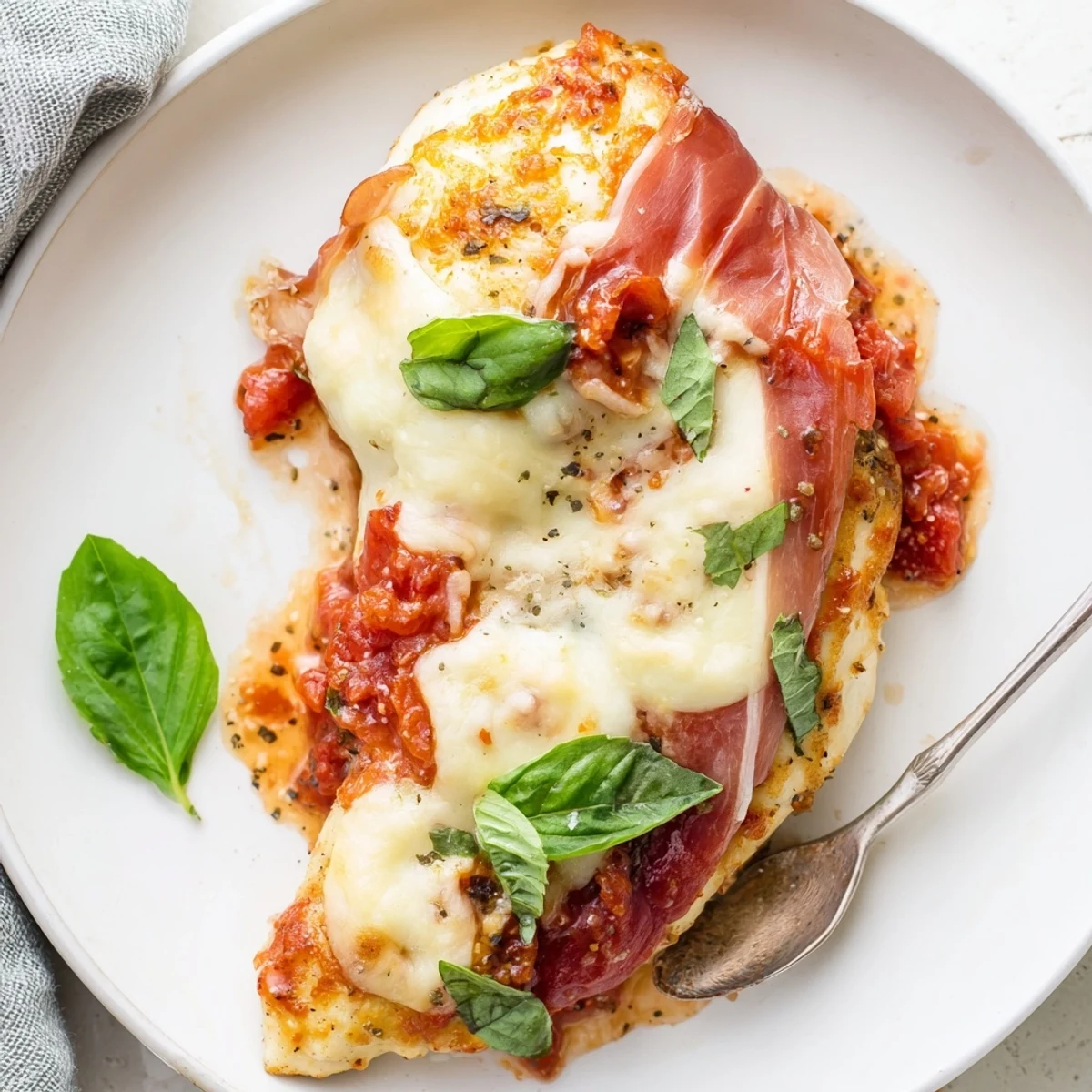 Golden Chicken Valdostana topped with melted Fontina, crispy prosciutto, and vibrant tomato sauce