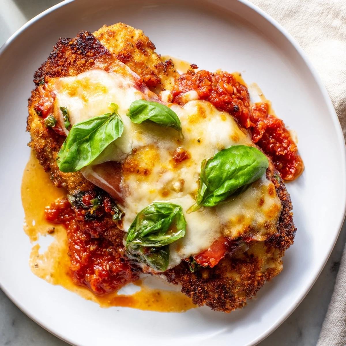 Bubbling Chicken Valdostana in cast iron skillet draped with gooey cheese and fresh basil