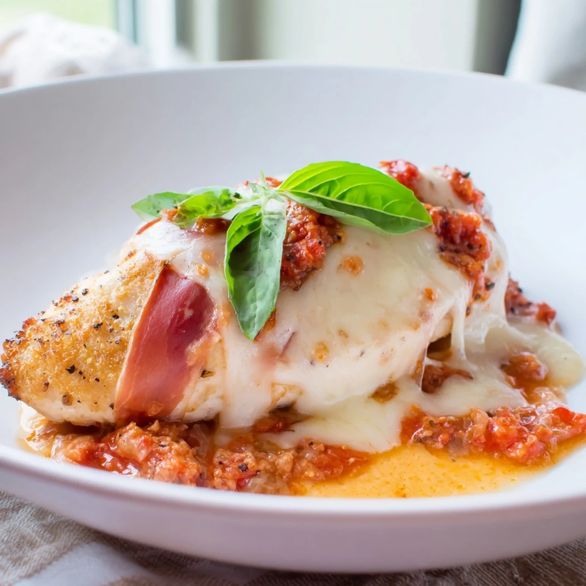 Breaded Chicken Valdostana smothered in savory prosciutto and creamy melted cheese, ready to serve