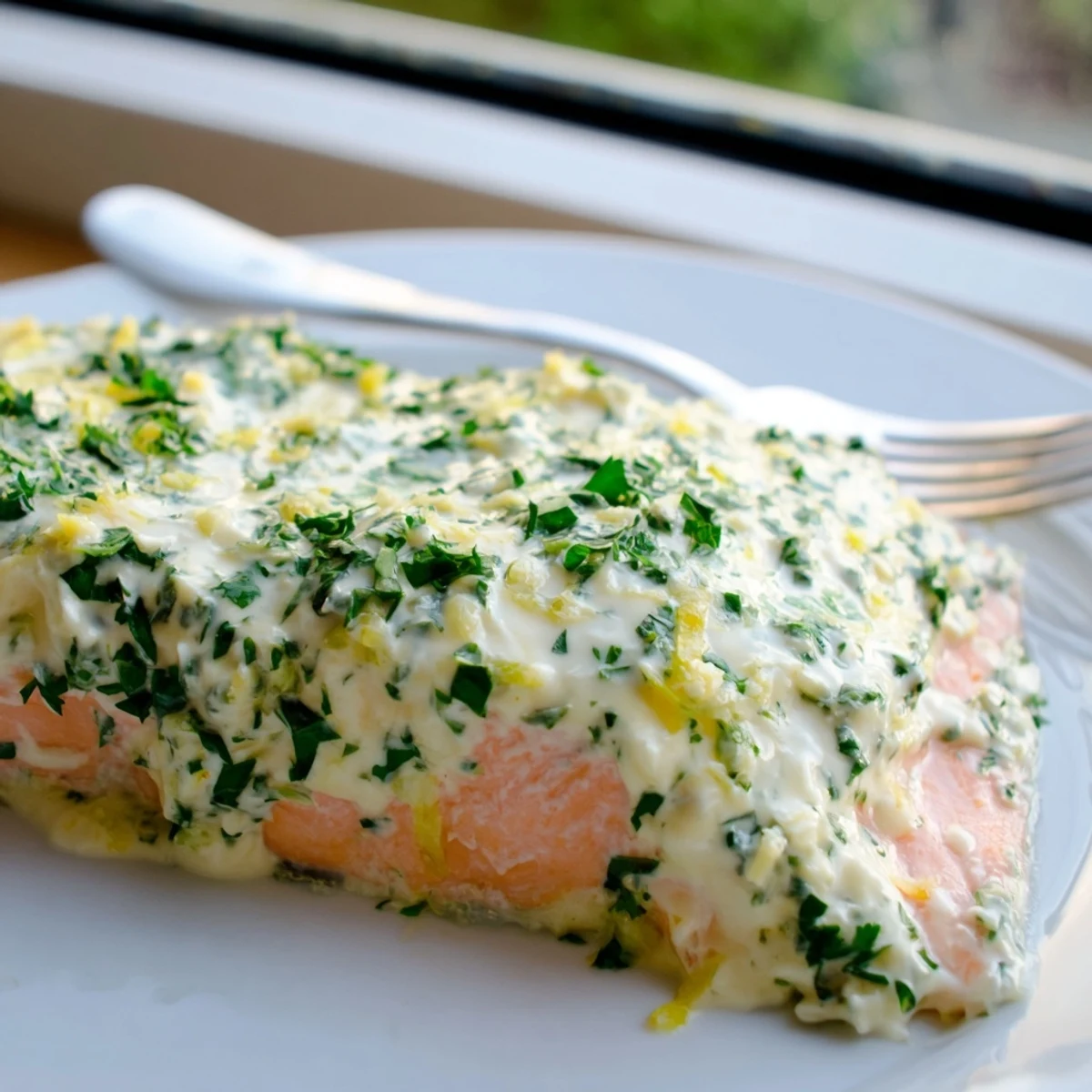 Creamy Boursin salmon fillets baked golden with fresh herbs and lemon zest